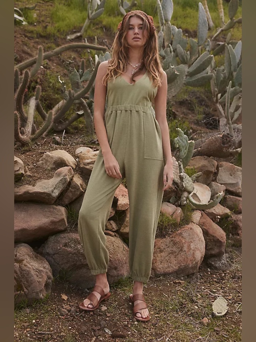Free People Beach Kyle One Piece Racerback Jumpsuit In Mosstone Size Large